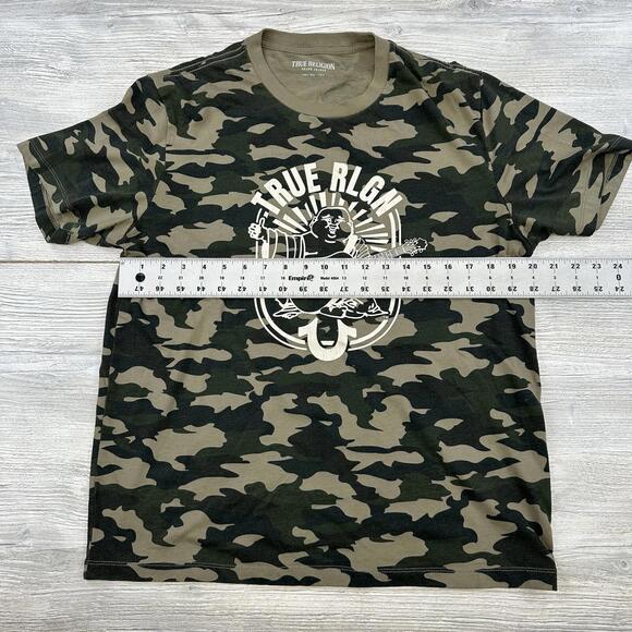 True Religion Shirt Mens Large Green Brown Camoflauge Buddha Guitar Short Sleeve - Picture 4 of 6